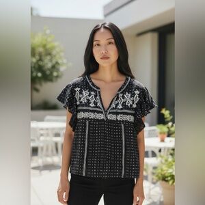 Sundance Black and White Flutter Sleeve Blouse with Mandarin Collar